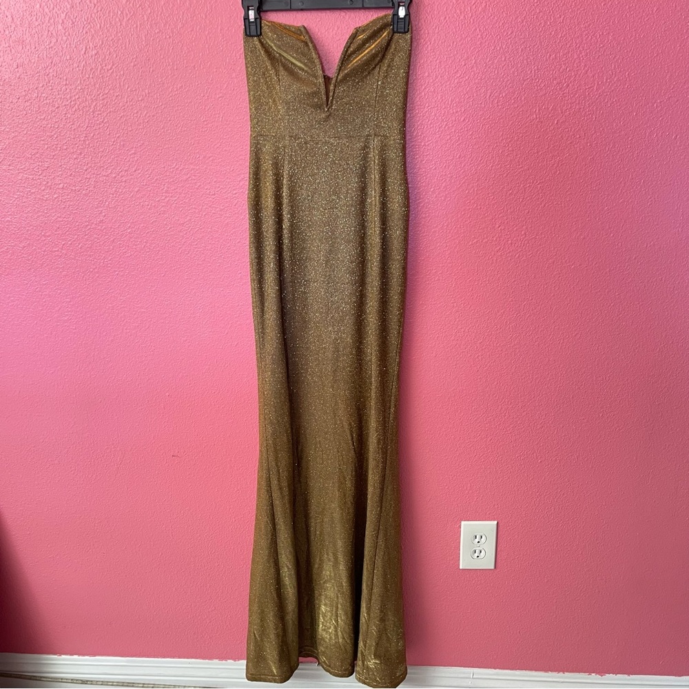 gold dress gown small strapless sweetheart neckline